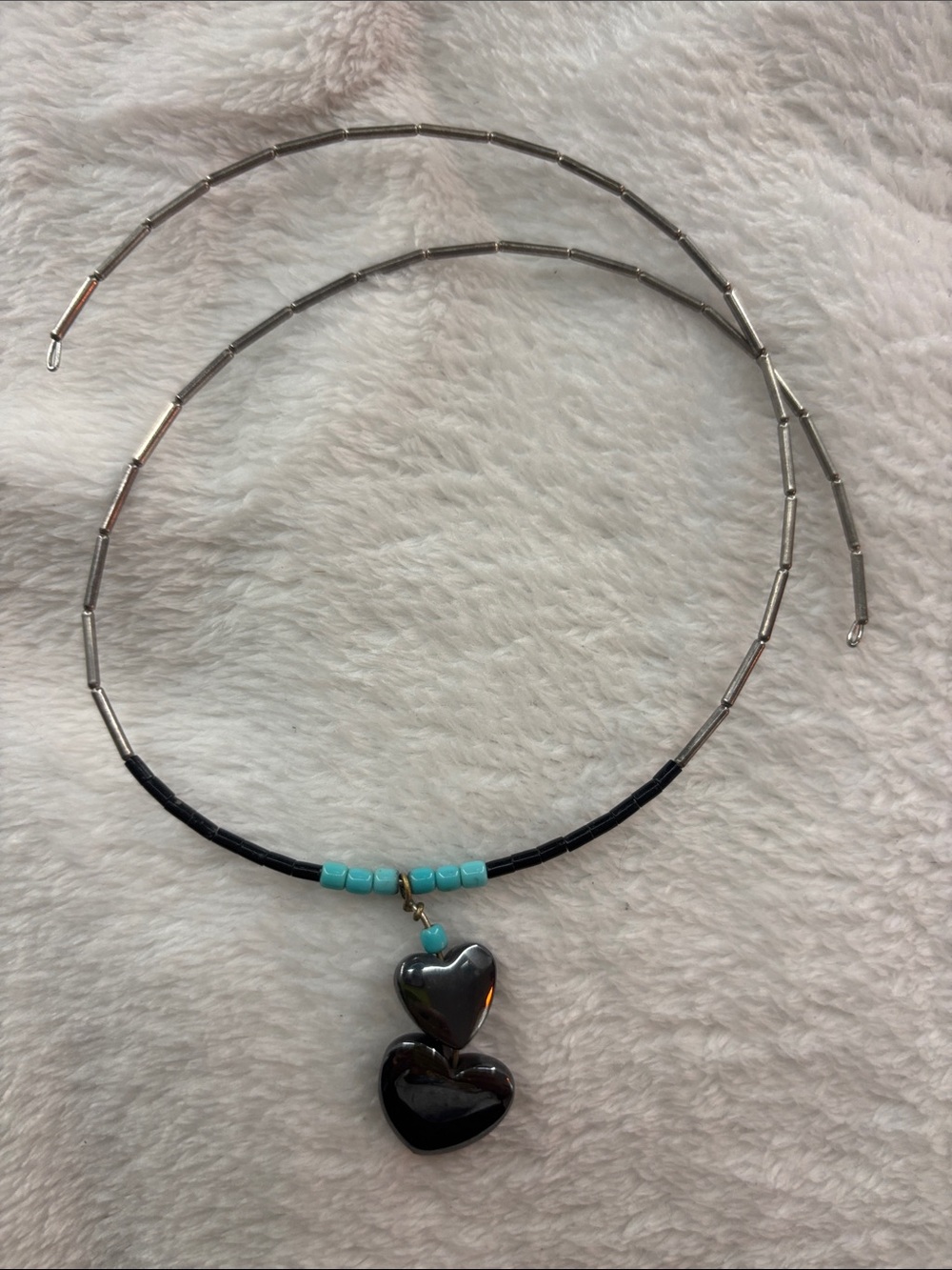 Black Hematite Double Heart Pendant Necklace with Turquoise Accent